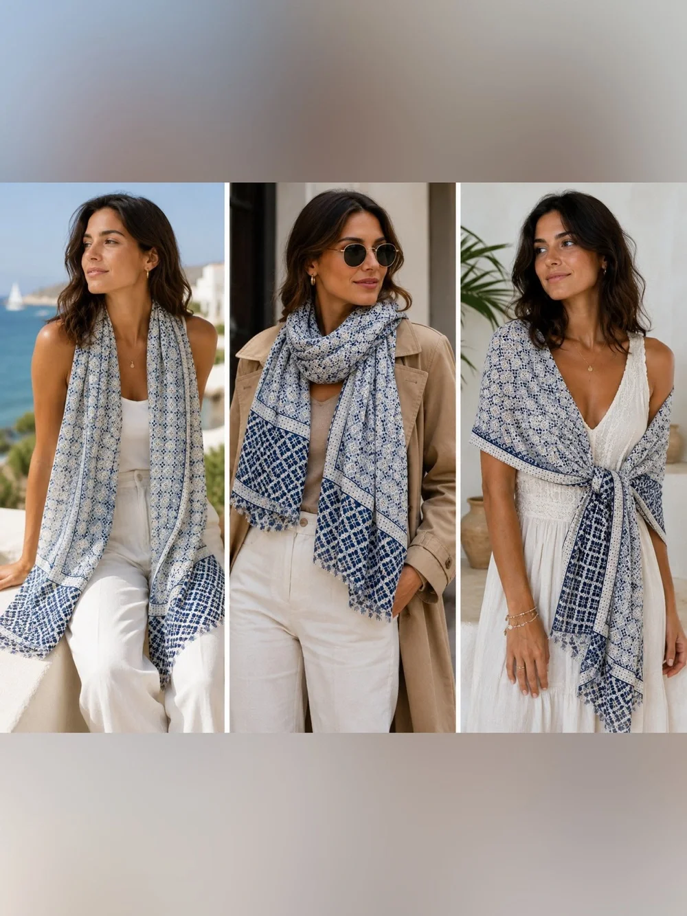 NWT Cotton Blue White Tile Print Oversized Scarf Wrap Shawl 35x70